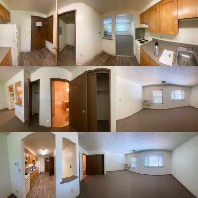 Panoramas of a studio apartment that had new floors & carpet.