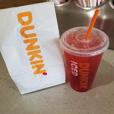 My Free Medium Green Tea Raspberry & Watermelon Refresher Drink with purchase of 8 DD  Munchkin Donut Holes.  5/24/2023