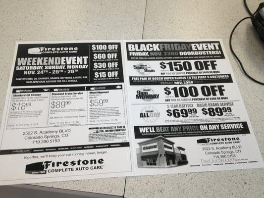 Good deal alert! If your car needs work, make an appt at any Firestone nationwide & get $$ off :)