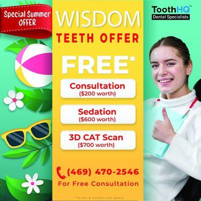 WISDOM TEETH OFFER
 
 #Dentalimplants #Dentalcare #Dentalclinic #Periodontist #WisdomTeethOffer #FreeConsult #Sedation #Texas #HealthySmiles