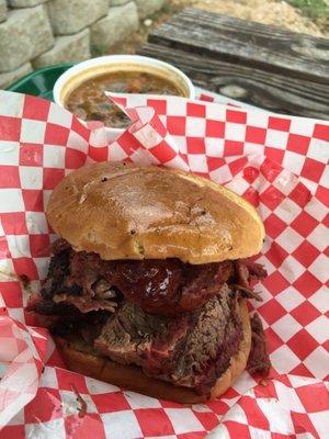 El Chingon, brisket and sausage sandwich, and the fantastic charro beans