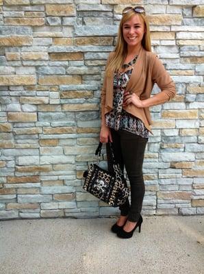 A new Fall outfit featuring a pattern top, cardigan, leggings, heels, and handbag.