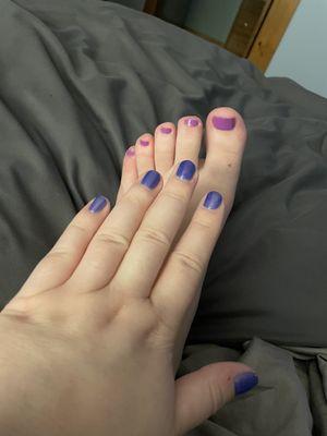 Gel manicure, regular polish pedicure