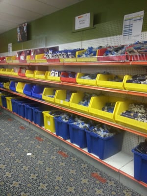 Bins of school supplies.