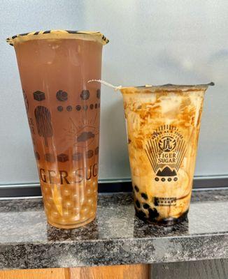 Black Tea with popping lychee boba and a Black Sugar and 5. Tiger Meets Pudding