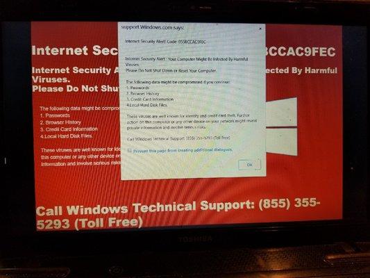 Virus popup scam. Never call that number as they are not who they say they are.