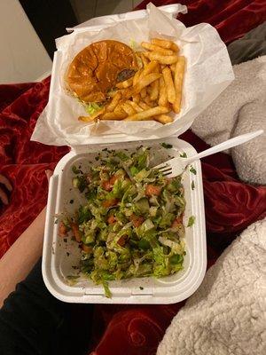 Fattoush Salad with no onions and no pita chips and a cheeseburger with fries