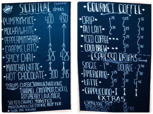 Coffee and signature drink menu