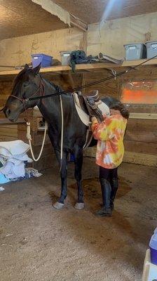 Peyton putting on Boomer's tack for their lesson