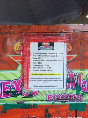 Price list/ August 2022, cart at 7 Market, King+ Tully. Dont be afraid to get your tamales. :*)