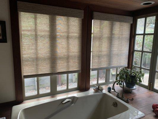 Bathroom reverse roller shade with valance