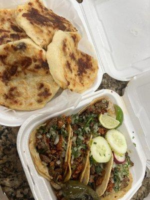 Chicken Pupusas with carne asada & choriza tacos