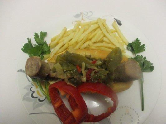 Sauage sandwich with side order of fresh fries. Can add any topping at extra cost.