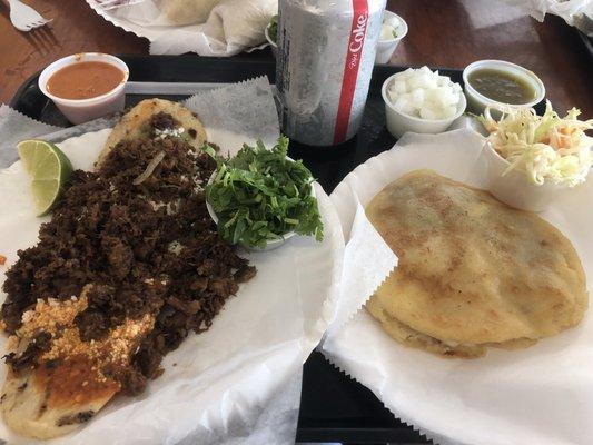 Huarache with both salsas and fajita meat and a bean and cheese gordita