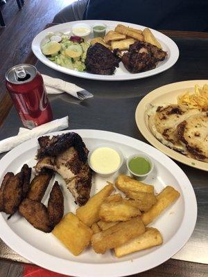 1/4 chicken with fried sweet plantains and yuca. Carne asada, 1/2 chicken, yuca, and salad. Queso pupusa.