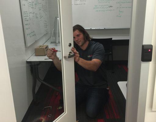 Technician Tim S. installs an electrified mortise lock at a large corporate campus in Silicon Valley.