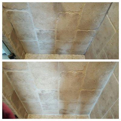 Before and After pictures of a travertine shower. Cleaned and color sealed the grout.