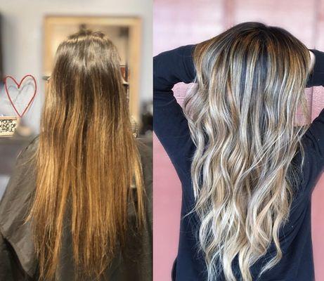 Balayage + highlight + toning gloss 
Color transformation