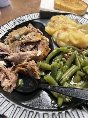 Pulled pork, green beans, and scalloped potatoes.