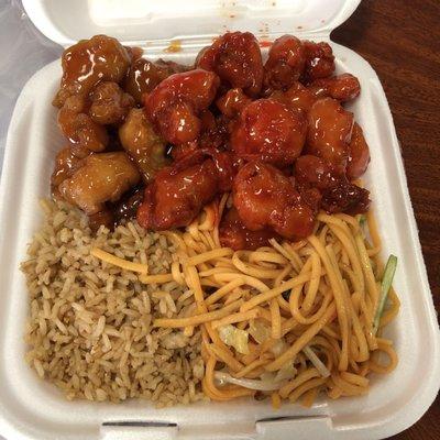 Orange Chicken, Sweet & Sour Pork, Fried Rice and Lo Mein