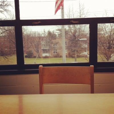 The view from the second floor tables on a rainy afternoon.