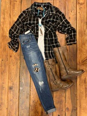 Flannel paired with leopard distressed jean