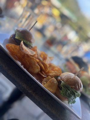 wagu sliders w/ blue cheese, caramelized onions, lettuce and bbq homemade chips on the side