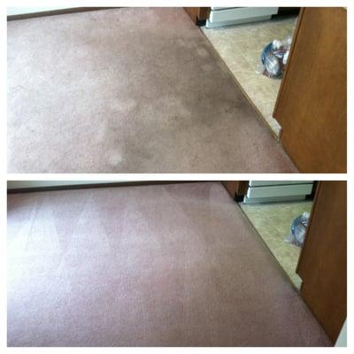 Before and after cleaning a heavily soiled carpet.