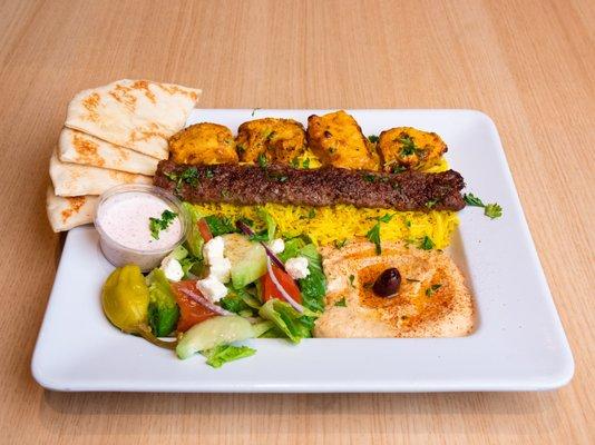 Plate with Combo Kabobs, Rice, Greek Salad and Hummus