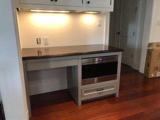 Desk / microwave fit just right, to match existing cabinetry. mahogany top to finish it.