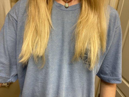 Horrible uneven lines. Cut way too short. My hair was down to my belly button and I asked for a trim.