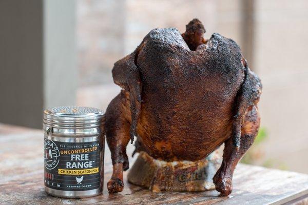 Casa M Spice Co® Uncontrolled Free Range® seasoning on beercan chicken