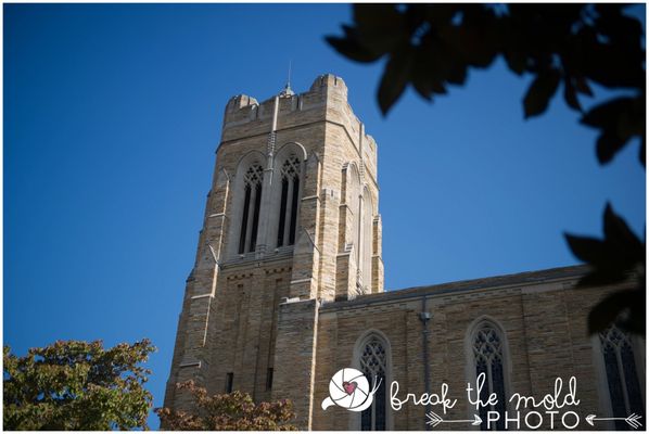 The beautiful Church Street United Methodist Church beneath a perfect blue sky - by Break the Mold Photo