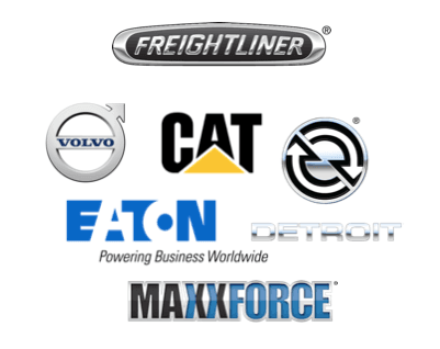 we work with:  FREIGHTLINER, CAT, DETROIT DIESEL, PETERBILT, KENWORTH, CUMMINS, MACK, VOLVO, MAXXFORCE, EATON AND ALLISON TRANSMISSION+