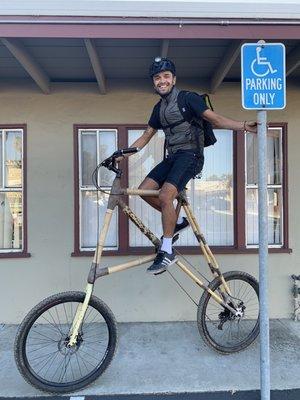 Jules first major ride on his newly crafted 11 gear tall gravel bamboo bike