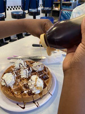 Peanut butter chips and chocolate chips waffles