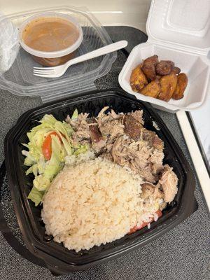 Pernil (roast shredded pork), fried sweet plantain, white rice, beans, small salad