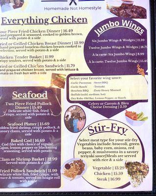 Chicken and Seafood menu