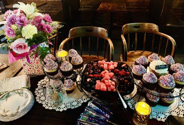 Birthday celebration table. They let us bring in the cupcakes and decorate.