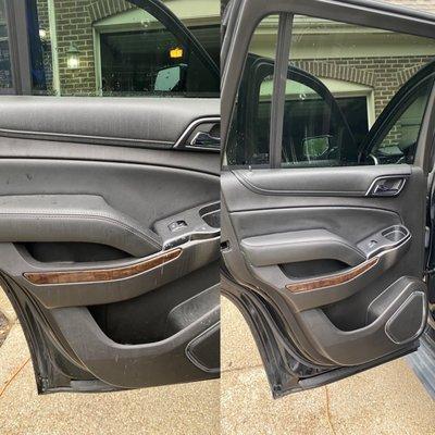 Before and after of a Tahoe rear driver side door