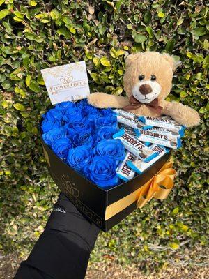 I really liked the box with blue roses, Hersheys and a teddy bear