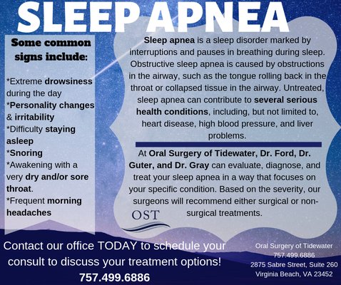 If you have questions about sleep apnea or would like to talk to one of our surgeons. Contact us today! 757-499-6886