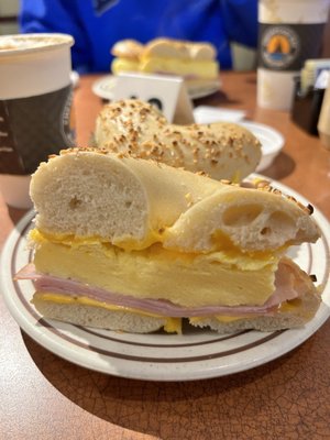 Ham egg and cheese on onion bagel