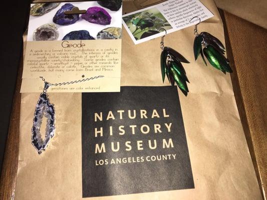 Geode necklace & Thai beetle cuticle earrings  (harvested after their demise)