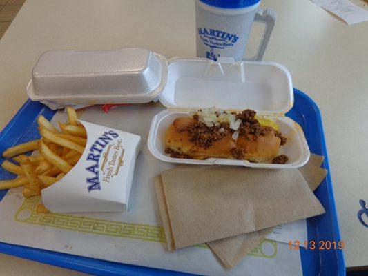 2 chili dogs, fries and free 'senior cup' beverage