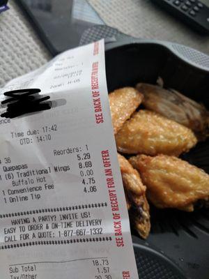 Flavorless wings and receipt