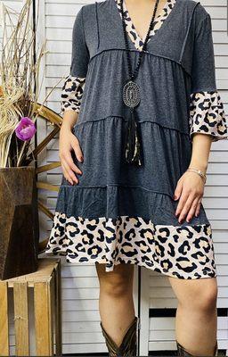 Leopard trim Grey Dress