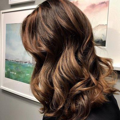 Tint + Balayage to create a natural, yet dimensional finish plus a haircut and style.