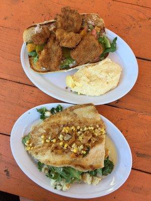 Catfish Po-Boy with cheese grits and grilled trout with locally foraged Mushroom sauce.