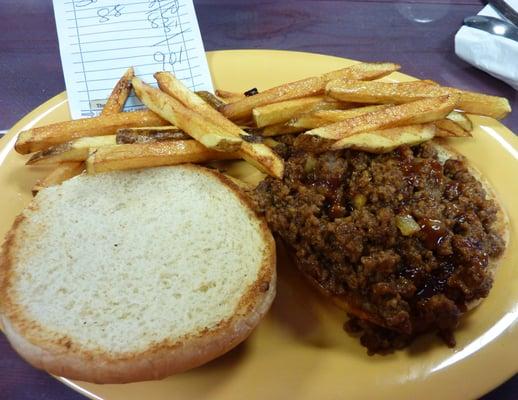 Sloppy Joe, fries and Coke- $9.01!!! Notice how saturated in grease are the fries!